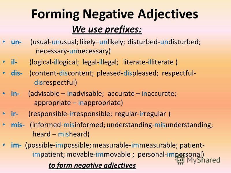 Prefixes of adjectives. Negative adjectives в английском. Отрицательные префиксы в английском. Forming negative adjectives правила. Negative forms of adjectives.
