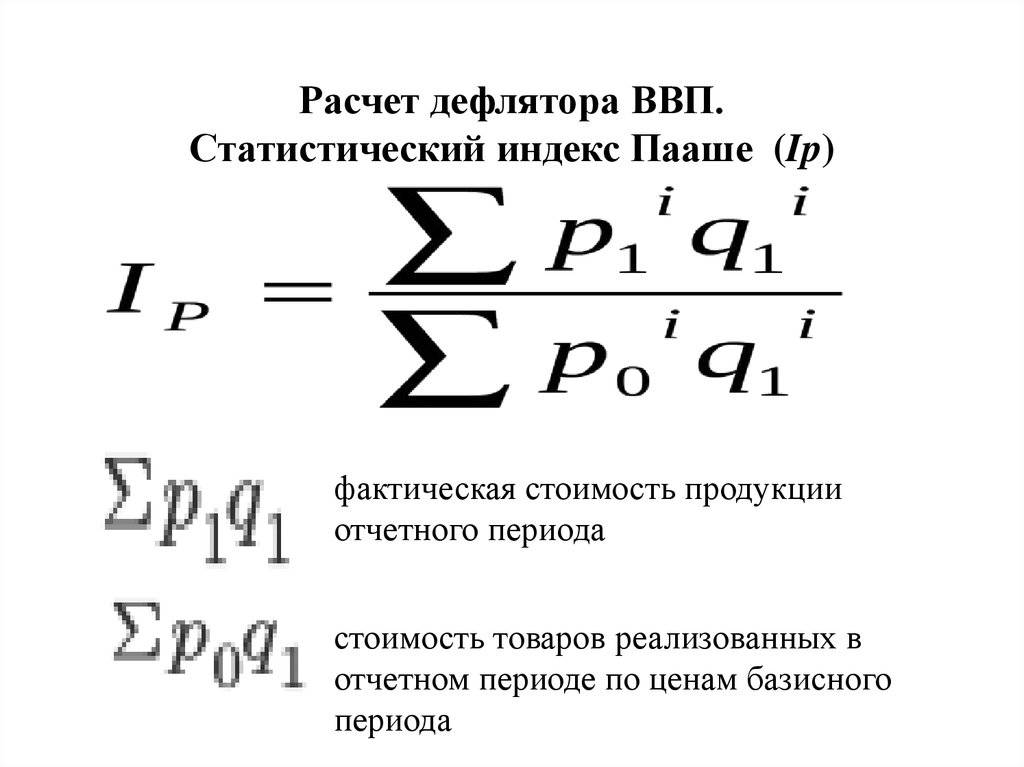 Инфляция дефлятор ввп. Индекс дефлятор ВВП формула. Формула расчета индекса дефлятора. Темп прироста дефлятора ВВП формула. Индекс Пааше/дефлятор ВВП формула.