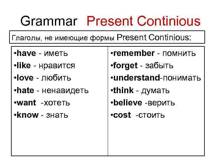 Глаголы в present continuous список