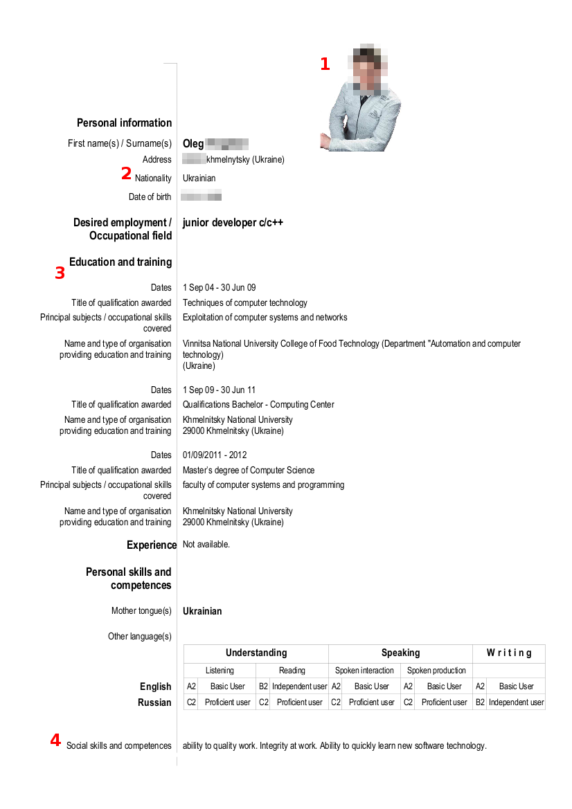 Образец резюме на работу английский язык