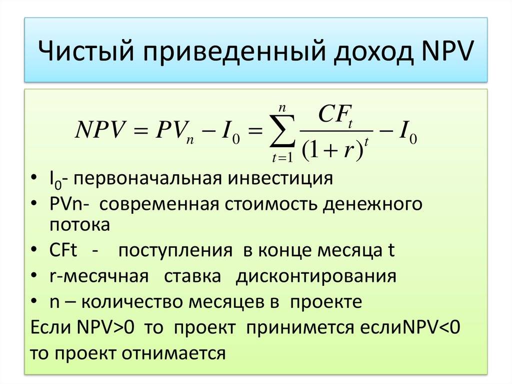 Величину чистого дисконтированного дохода. Формула чистого приведенного дохода от инвестиций. Формула чистого приведенного дохода инвестиционного проекта. Чистая приведенная прибыль npv формула. Чистый приведенный доход npv формула.